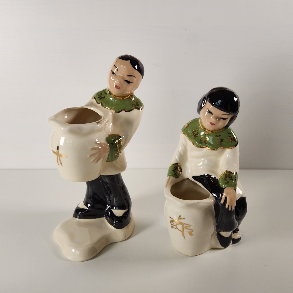 Vintage 40s Ceramic Asian Man and Woman Planters, Vases, Succulent Pot- Oriental